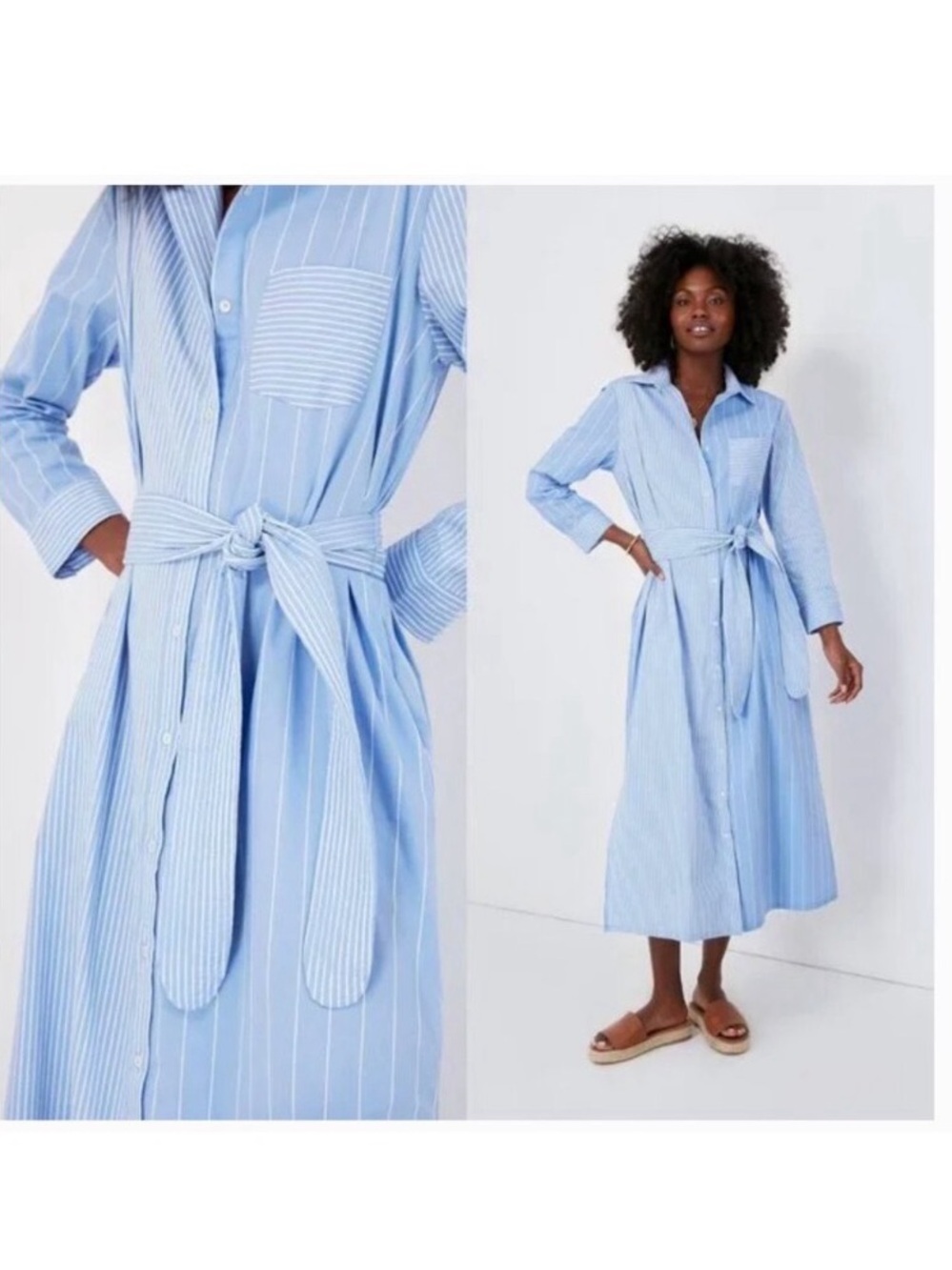 Pomander Place Light Blue & White Pinstripe Midi Shirt Dress with Tie Waist